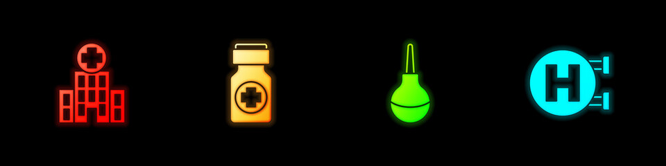 Set Medical hospital building, Medicine bottle and pills, Enema and Hospital signboard icon. Vector