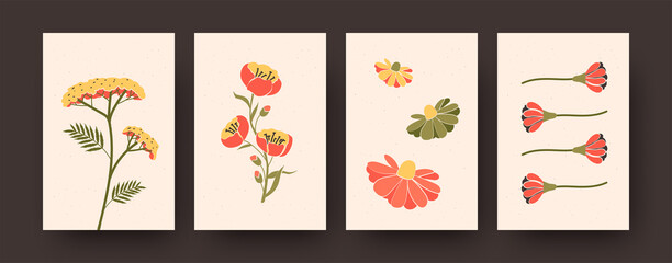 Collection of abstract beautiful blooming flowers in pastel colors. Set of aquarelle drawings on beige background. Flowers and blossom concept for social media, postcards, invitation cards