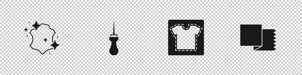 Set Leather, Awl tool, Sewing pattern and Textile fabric roll icon. Vector