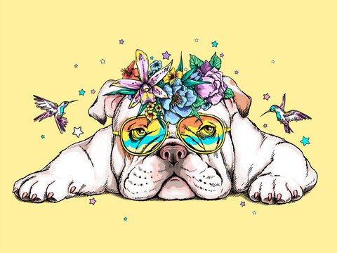 Cute english bulldog in a floral wreath. Beautiful illustration with dog and birds. Stylish summer image for printing on any surface	