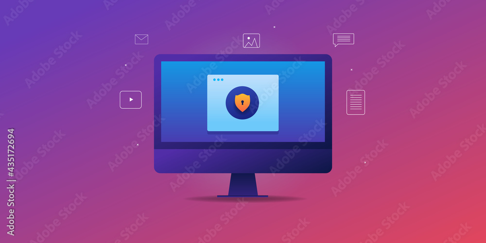 Poster content protection. website with shield, protecting digital data, secure content management system. 