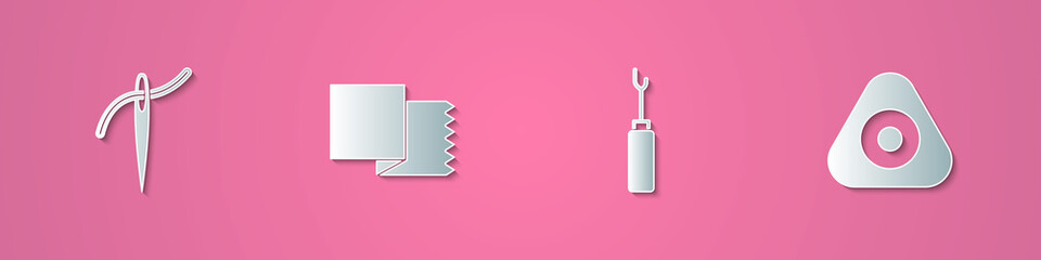 Set paper cut Needle with thread, Textile fabric roll, Awl tool and Sewing chalk icon. Paper art style. Vector