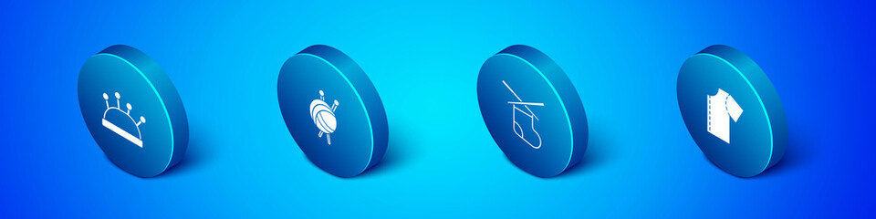 Set Isometric Needle bed and needles, Knitting, Sewing pattern and Yarn ball with knitting icon. Vector