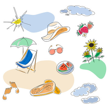 Set of summer items. Clipart. Beach, sunglasses, umbrella, strawberry, watermelon, hat, flip flops, footprints in the sand. Modern vector flat image design isolated