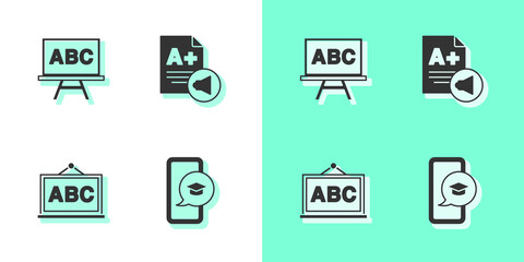 Set Graduation cap on mobile, Chalkboard, and Exam sheet with A plus grade icon. Vector