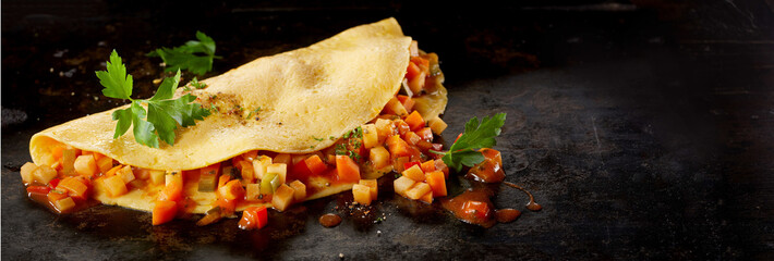 Omelette with vegetables on black table