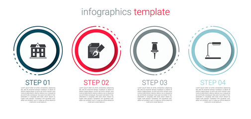 Set School building, Exam sheet and pencil, Push pin and Table lamp. Business infographic template. Vector