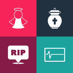 Set pop art Beat dead in monitor, Speech bubble rip death, Funeral urn and Angel icon. Vector