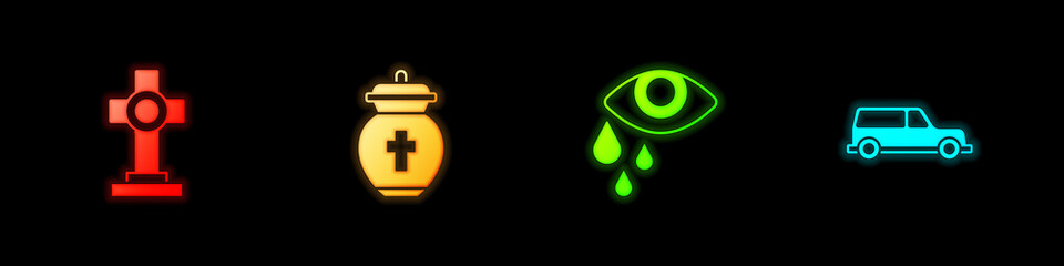 Set Grave with cross, Funeral urn, Tear cry eye and Hearse car icon. Vector