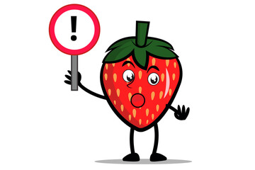 Strawberry Cartoon mascot or character holding a sign of attention