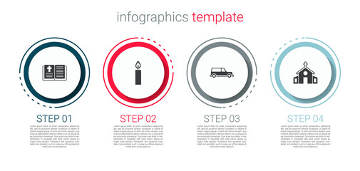 Set Holy bible book, Burning candle, Hearse car and Church building. Business infographic template. Vector