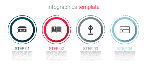 Set Coffin with cross, Holy bible book, Grave and Beat dead monitor. Business infographic template. Vector