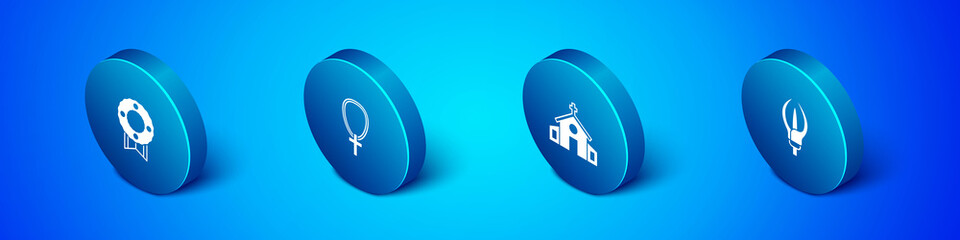 Set Isometric Memorial wreath, Church building, Lily flower and Christian cross on chain icon. Vector