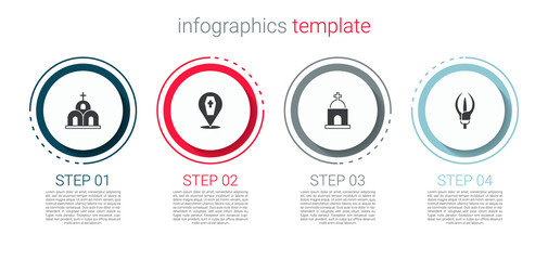 Set Church building, Coffin with cross, Old crypt and Lily flower. Business infographic template. Vector