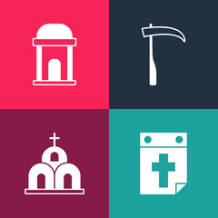 Set pop art Calendar death, Church building, Scythe and Old crypt icon. Vector