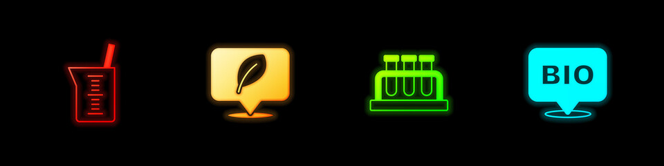 Set Laboratory glassware or beaker, Location with leaf, Test tube and flask and Bio healthy food icon. Vector