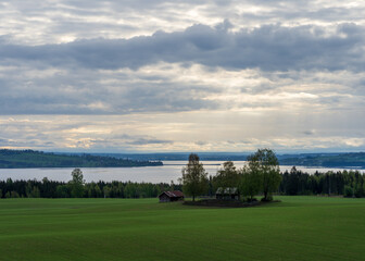 Fototapeta premium View of Lake Mjøsa and Nessundet Bridge in spring.
