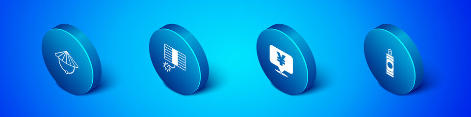 Set Isometric Chinese conical straw hat, Yuan currency, Firework and icon. Vector