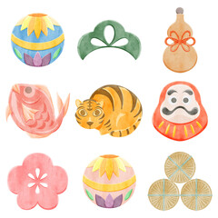 日本の縁起物手描き水彩風イラスト