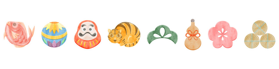 日本の縁起物手描き水彩風イラスト