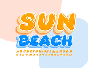 Vector creative sign Sun Beach with Yellow Alphabet Letters and Numbers set. Bright 3D Font