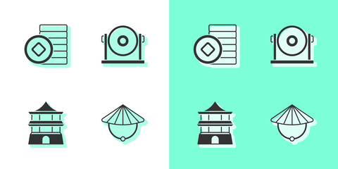 Set Chinese conical straw hat, Yuan currency, house and Gong icon. Vector