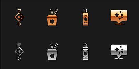 Set Chinese paper lantern, Noodles box and chopsticks, Firework and China flag icon. Vector