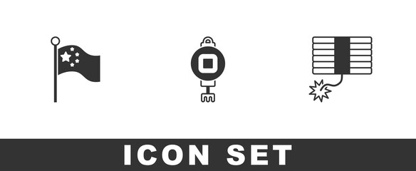 Set China flag on flagpole, Chinese paper lantern and Firework icon. Vector