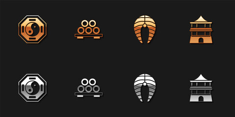 Set Yin Yang, Sushi on cutting board, Fish steak and Chinese house icon. Vector