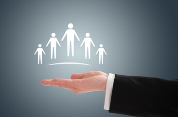 Five simplified character illustrations on one hand