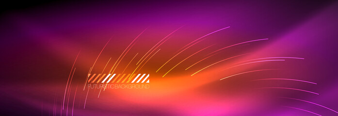 Neon glowing lines, magic energy and light motion background. Vector wallpaper template