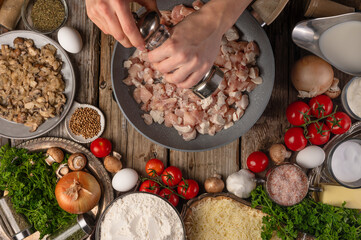 Photo of pieces of meat that are fried in a pan. The cook sprinkles the meat with spices. A beautiful still life of products - tomatoes, onions, herbs, garlic and others. Very bright photo.