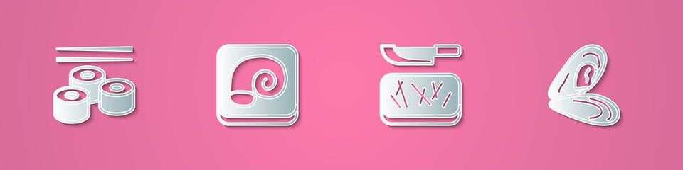 Set paper cut Sushi, Octopus on a plate, Cutting board and knife and Mussel icon. Paper art style. Vector