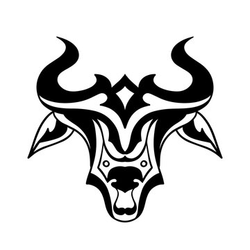 Black and white bull's head illustration for sticker, t-shirt, and tattoo designs. Classic bull head triball logo.