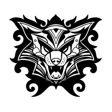 Black and white wolf head illustration for sticker, t-shirt, and tattoo designs. Classic Japanese skull triball head logo.