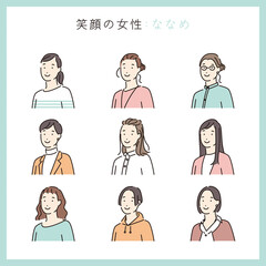 シンプル　イラスト　笑顔の女性の上半身　ななめ