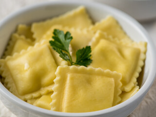 The photo shows ravioli in a white earthenware plate. Above is a green sprig of parsley. Close-up. Macro photography. There are no people in the photo. Bright lighting.
