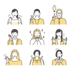 シンプル　イラスト　笑顔でいろいろなポーズをする女性