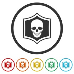 Shield with pirate skull ring icon isolated on white background color set