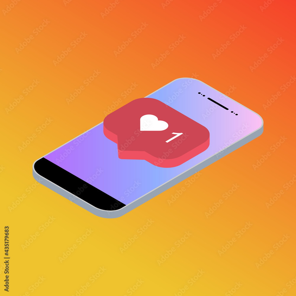 Poster follower isometric phone notification symbol for application instagram. app button for social media.