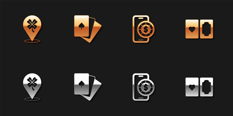 Set Casino slot machine with clover, Deck of playing cards, Online poker table game and icon. Vector