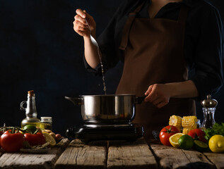A wooden table with a saucepan on it. Nearby colorful ingredients for cooking. The cook is stirring...