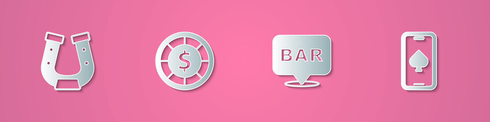 Set paper cut Horseshoe, Casino chips, Alcohol bar location and Online poker table game icon. Paper art style. Vector