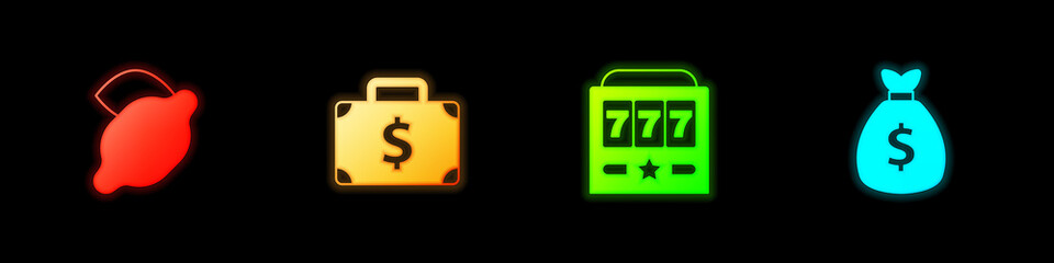 Set Casino slot machine with lemon, Briefcase and money, Slot jackpot and Money bag icon. Vector
