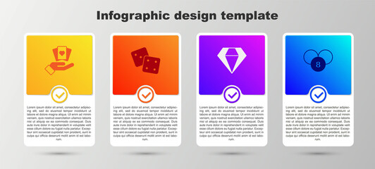 Set Hand holding playing cards, Game dice, Diamond and Lottery ball bingo. Business infographic template. Vector