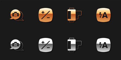 Set Photo camera, Exposure compensation, Camera roll cartridge and Auto flash icon. Vector