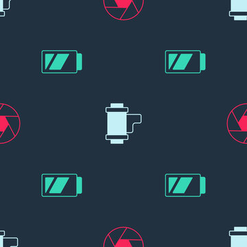 Set Camera shutter, roll cartridge and Battery for camera on seamless pattern. Vector