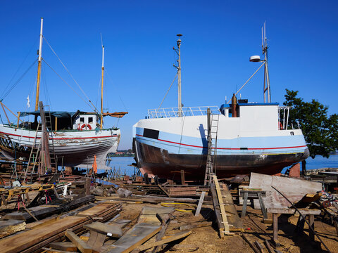 Small traditional boat in a shipyard for renovations and maintenance