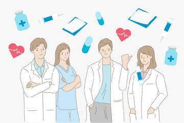 Portrait of doctors and nurses with medical supply in healthcare and medical concept. Hand draw style. Vector illustration.