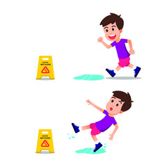 a boy ran and then slipped on the wet floor